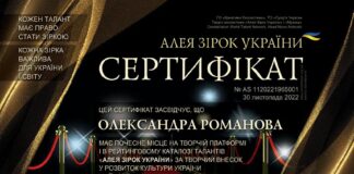 Олександра Романова | Сертифікат AS 1120221965001 | Алея Зірок України Олександра Романова - сертифікат резидента | Алея Зірок України